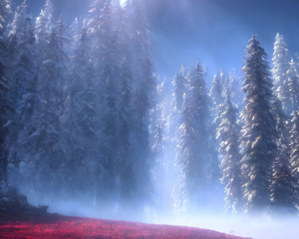 Winter forest scene: snow-covered pines, mist, bright sunbeam, red glow