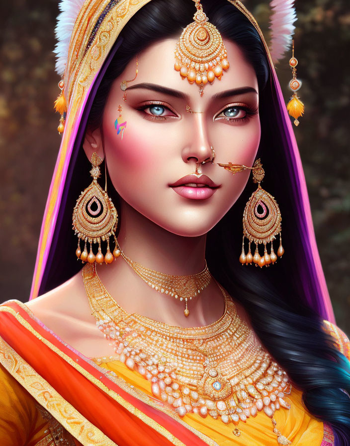 Elaborate Indian bridal jewelry on woman in digital portrait