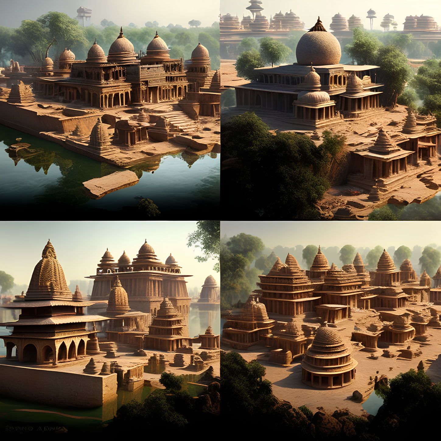 Four Atmospheric Renderings of Ancient Temple Complex near Water