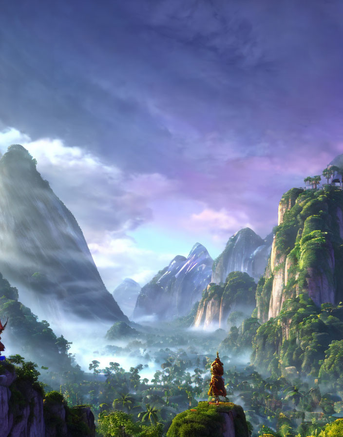 Misty mountains and serene landscape with traditional figure.