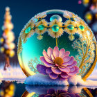 Snow globe with pink flower and golden decorations under soft blue light