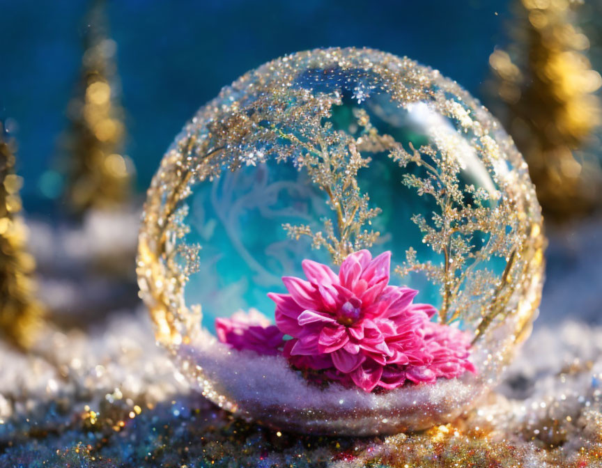 Snow globe with pink flower and golden decorations under soft blue light