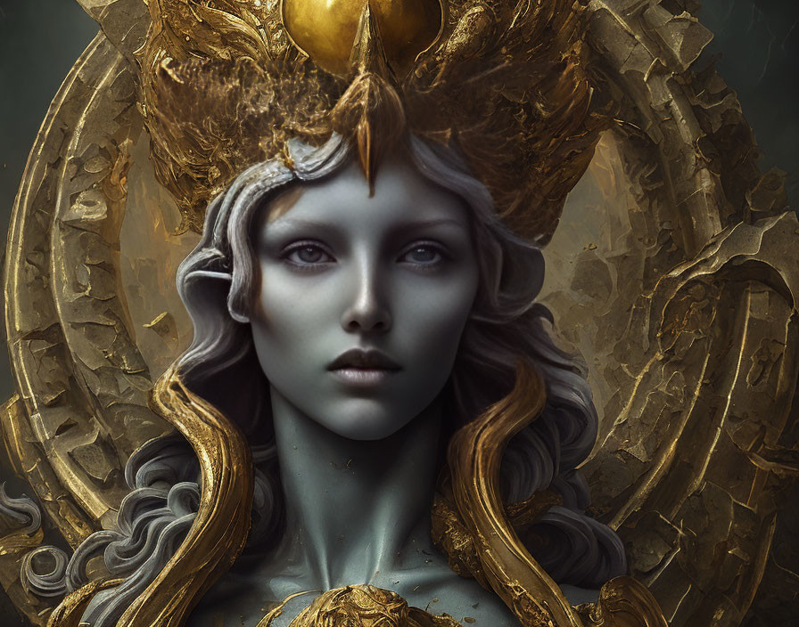 Regal female figure in golden crown and armor on dark background