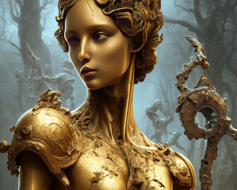 Golden female figure in ornate armor with rusted key against misty woods