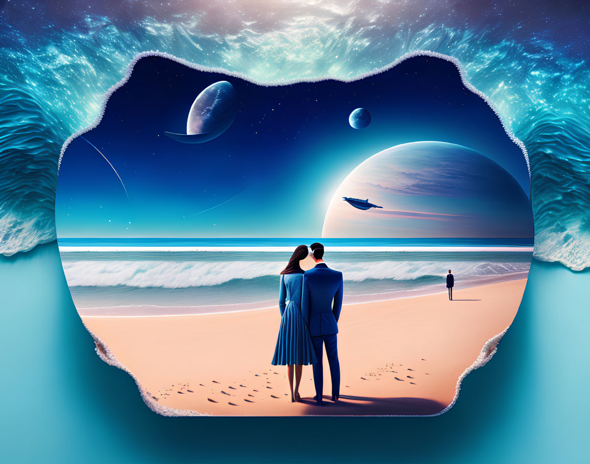 Couple embracing on beach with surreal outer space view