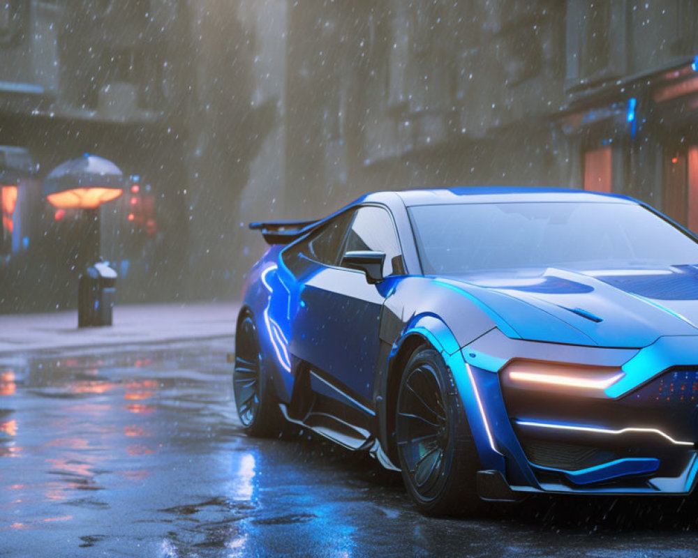 Futuristic blue sports car on rainy, neon-lit street