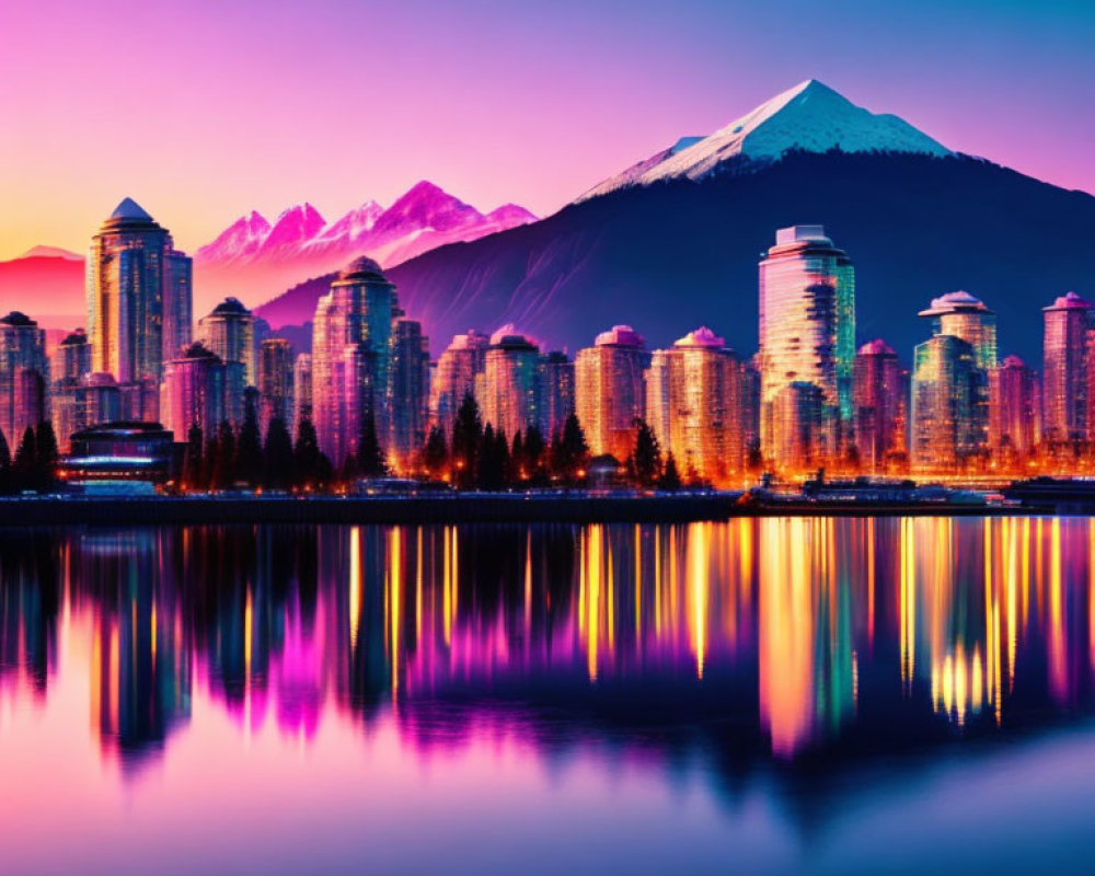 City skyline with glass buildings, purple sunset, calm water, snowy mountain.