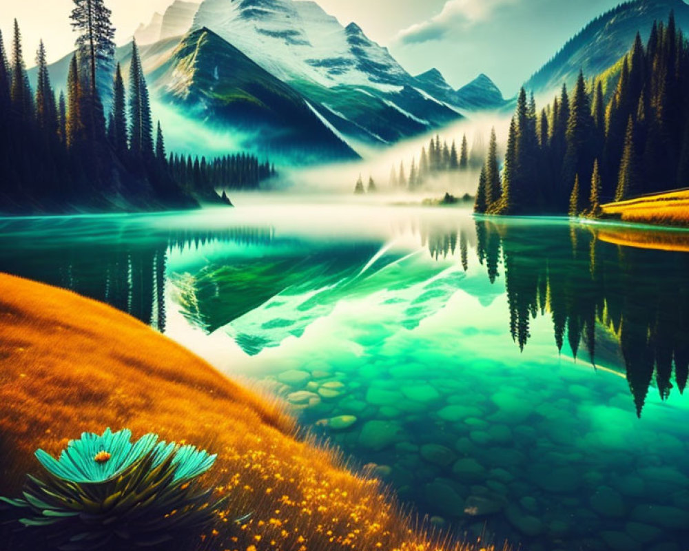 Tranquil mountain lake with mist, clear waters, peaks, and vibrant flower