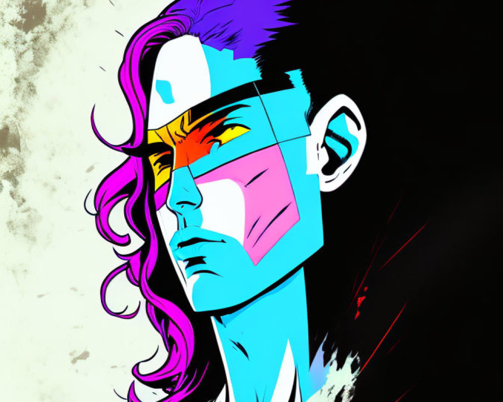 Colorful character illustration with pink and purple hair and vibrant mask against contrasting background