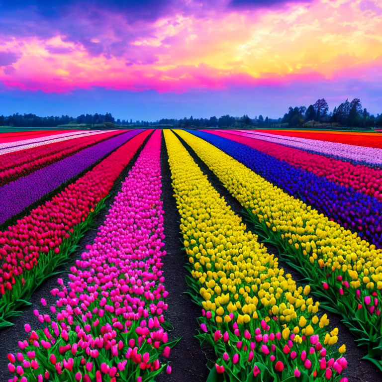 Colorful tulip fields under a sunset sky: pink, red, yellow, purple flowers.