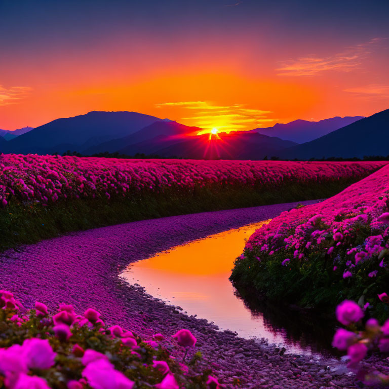 Scenic sunset with pink flowers on riverbank and mountain silhouettes