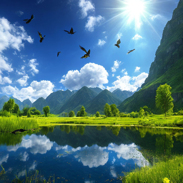 Scenic landscape: verdant valley, reflective lake, green hills, blue skies, sunbeams