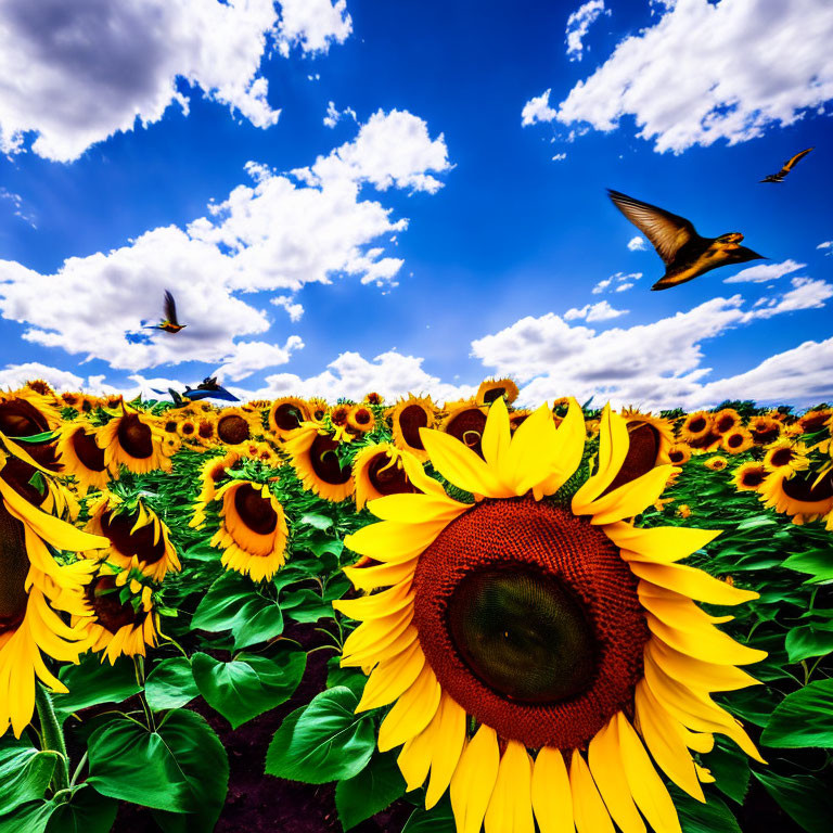 Scenic sunflower field under blue sky with birds