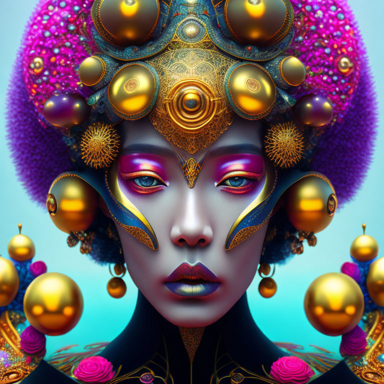 Colorful digital portrait of a woman with ornate gold and purple headdress