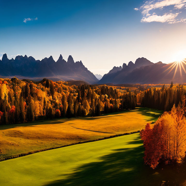 Colorful autumn landscape with sun rays and mountain range