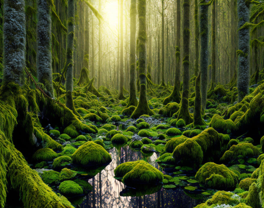 Tranquil Forest Scene with Moss-Covered Trees and Sunbeams