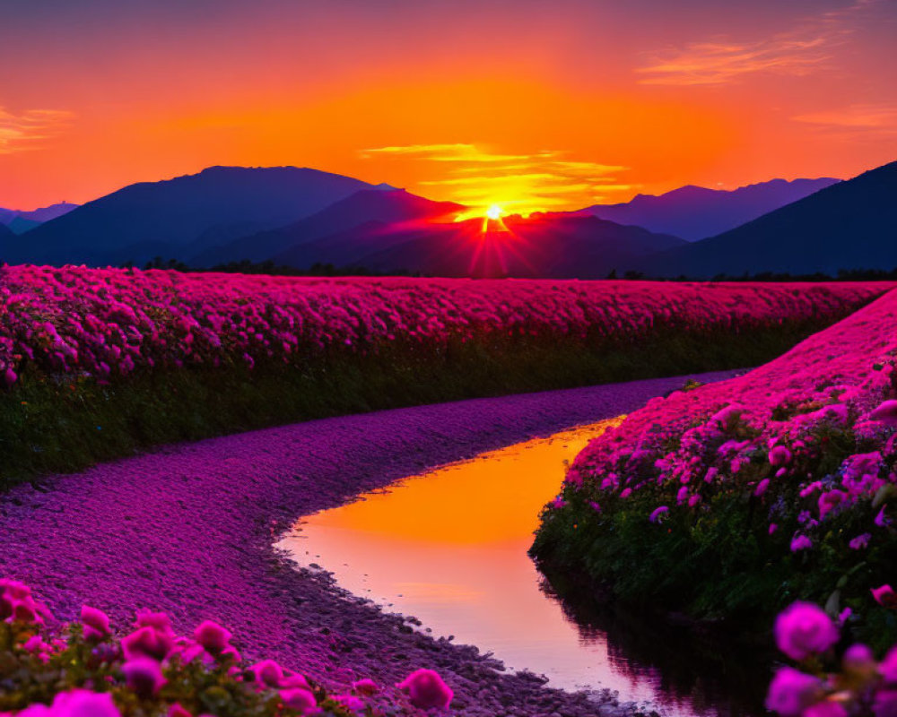 Scenic sunset with pink flowers on riverbank and mountain silhouettes