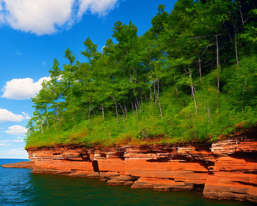 Scenic view of green trees on red cliffs above serene blue lake