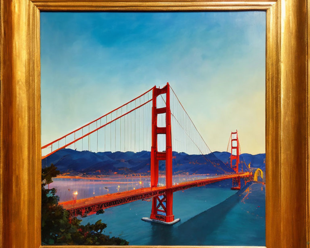 Framed painting of Golden Gate Bridge at dusk with lights reflecting on water