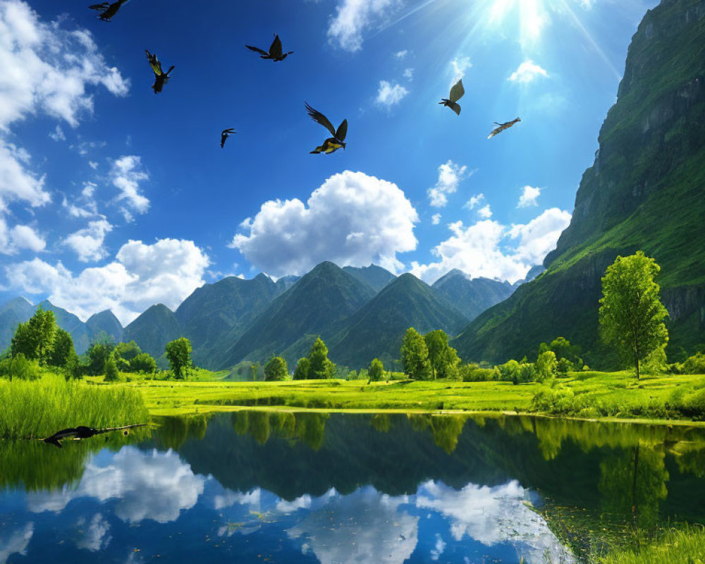 Scenic landscape: verdant valley, reflective lake, green hills, blue skies, sunbeams