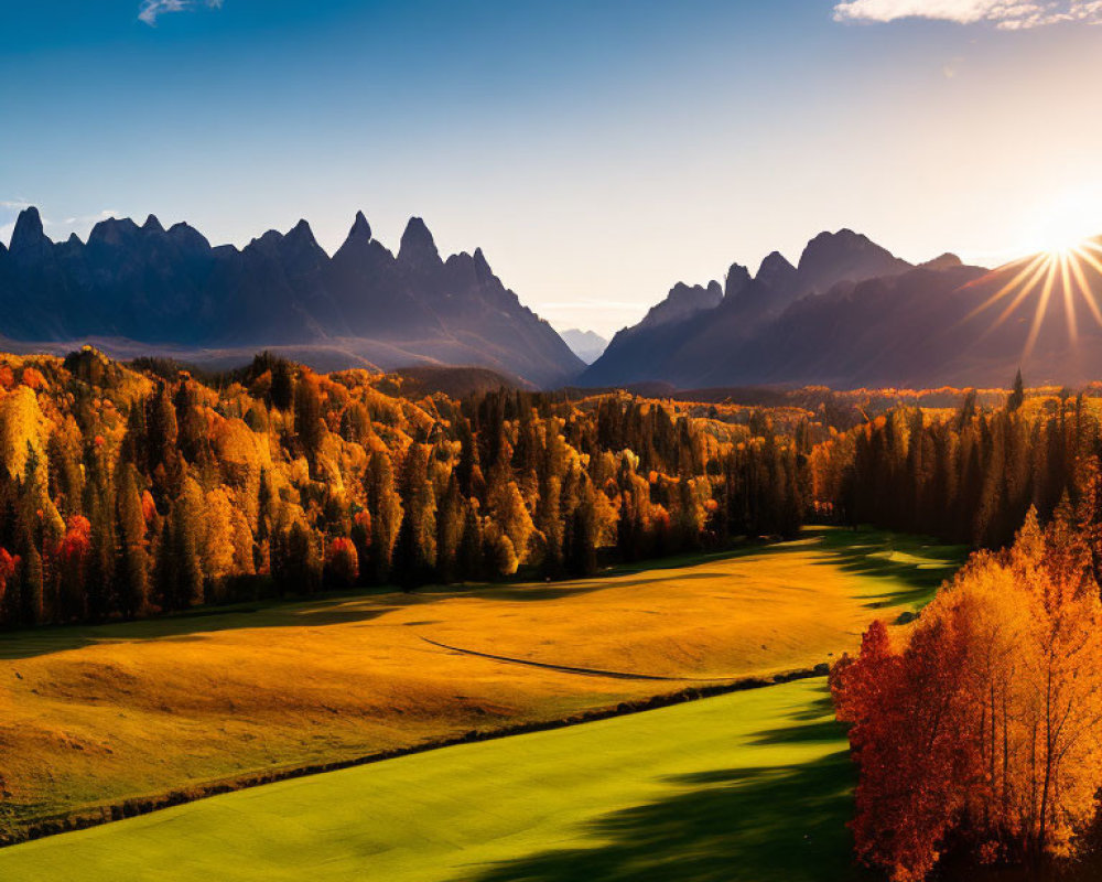 Colorful autumn landscape with sun rays and mountain range