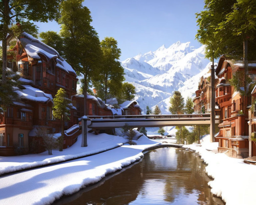 Snow-covered canal with alpine-style buildings, bridge, and mountains