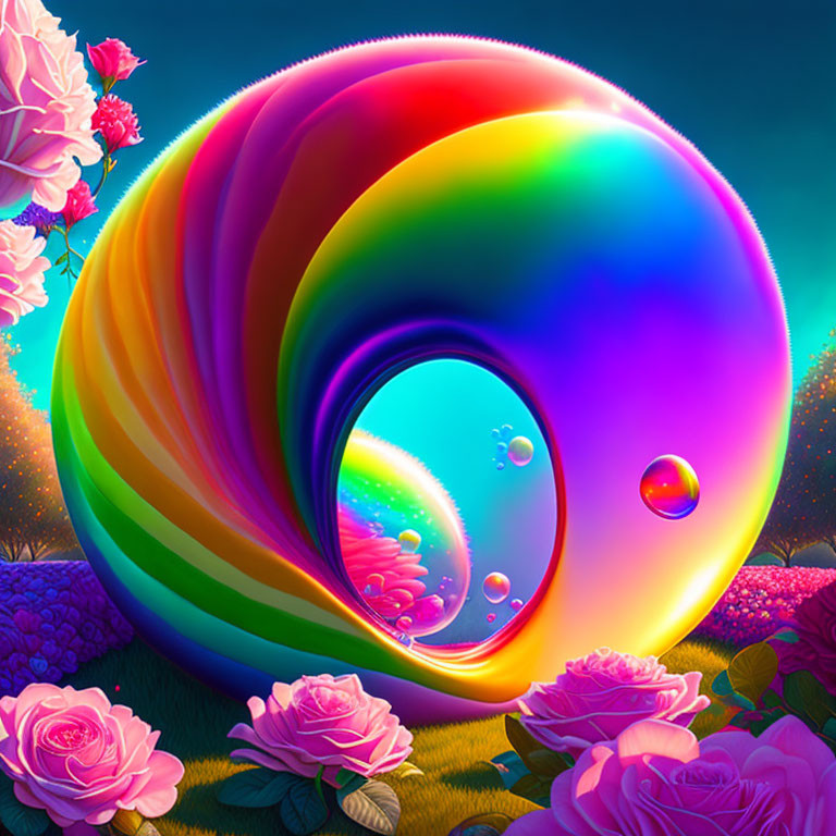 Colorful Rainbow Torus in Magical Garden with Pink Roses at Twilight