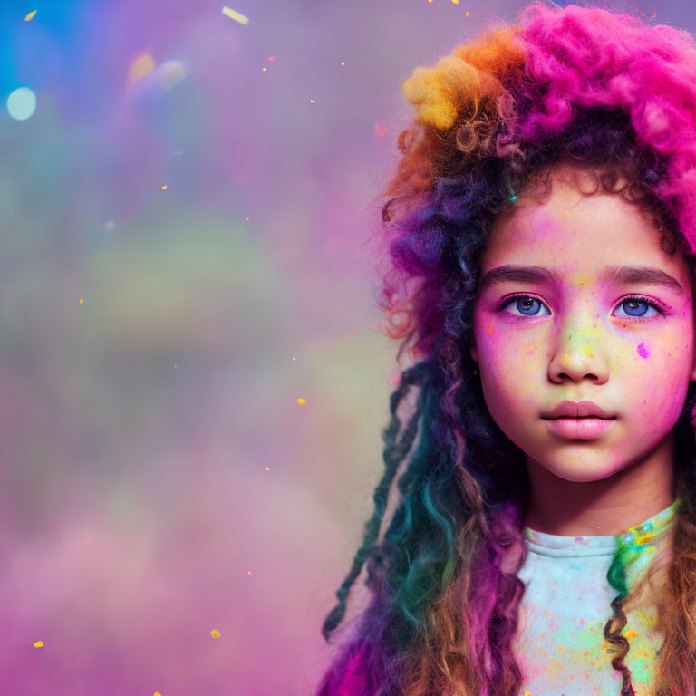 Colorful Curly-Haired Girl with Glitter on Face in Vibrant Bokeh Background