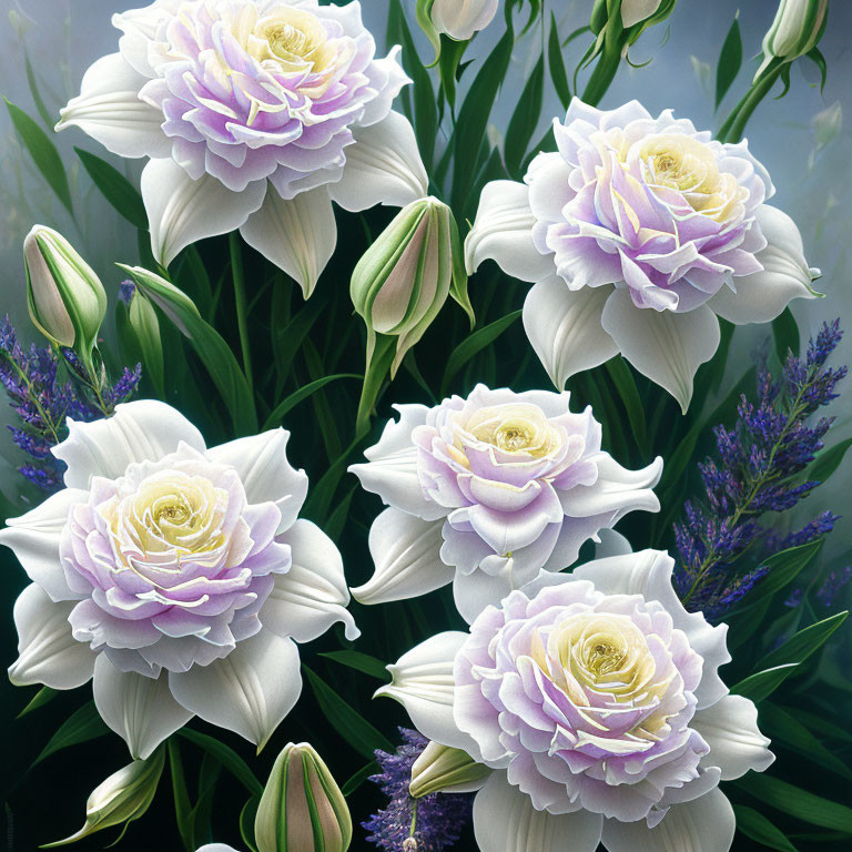 White Roses with Purple Edges and Surrounding Flowers: Delicate and Ornate Bouquet