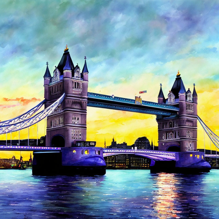 Vibrant Tower Bridge painting at sunset with Thames River reflections