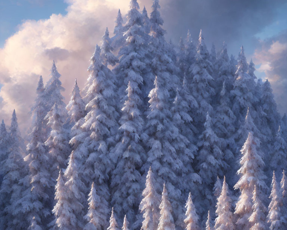 Snow-covered pine trees in dense forest under cloudy sky with sunlight.
