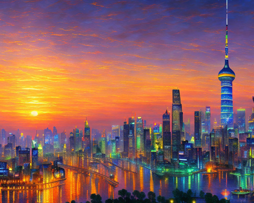 Colorful sunrise cityscape with illuminated skyscrapers and meandering river
