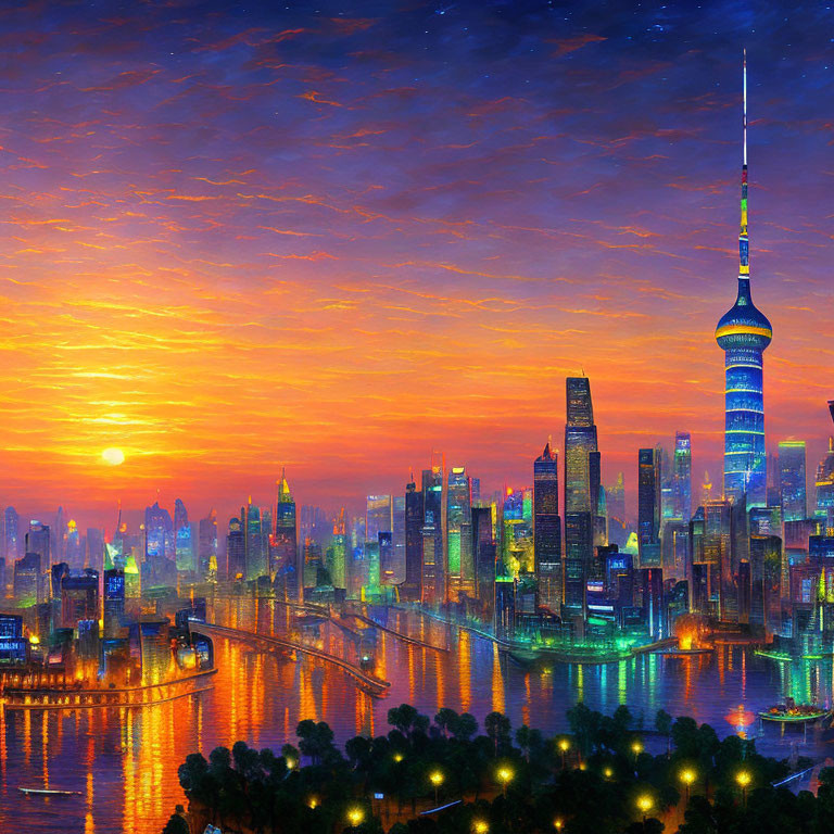 Colorful sunrise cityscape with illuminated skyscrapers and meandering river