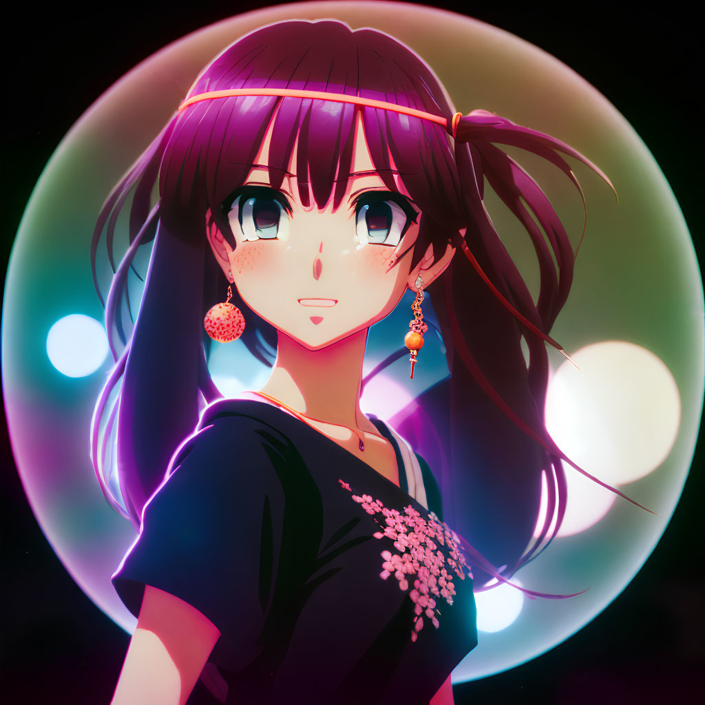 Close-up of animated girl with long brown hair, hairband, and sparkling earrings against colorful glowing orb