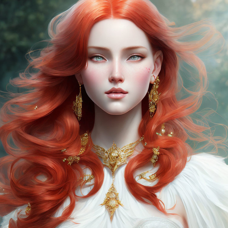 Digital artwork: Woman with red hair, blue eyes, gold jewelry, natural backdrop