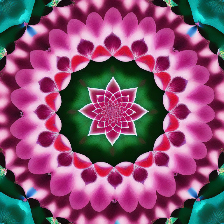 Colorful kaleidoscopic image with pink floral patterns and geometric lotus design