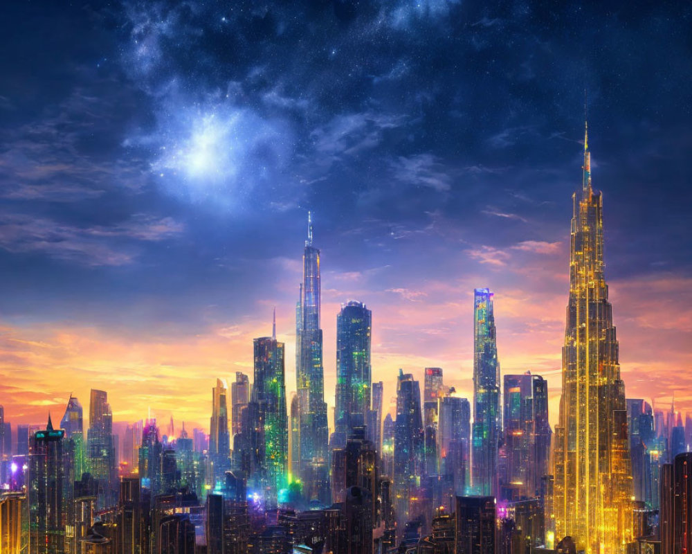 City skyline at dusk with illuminated skyscrapers and cosmic event.