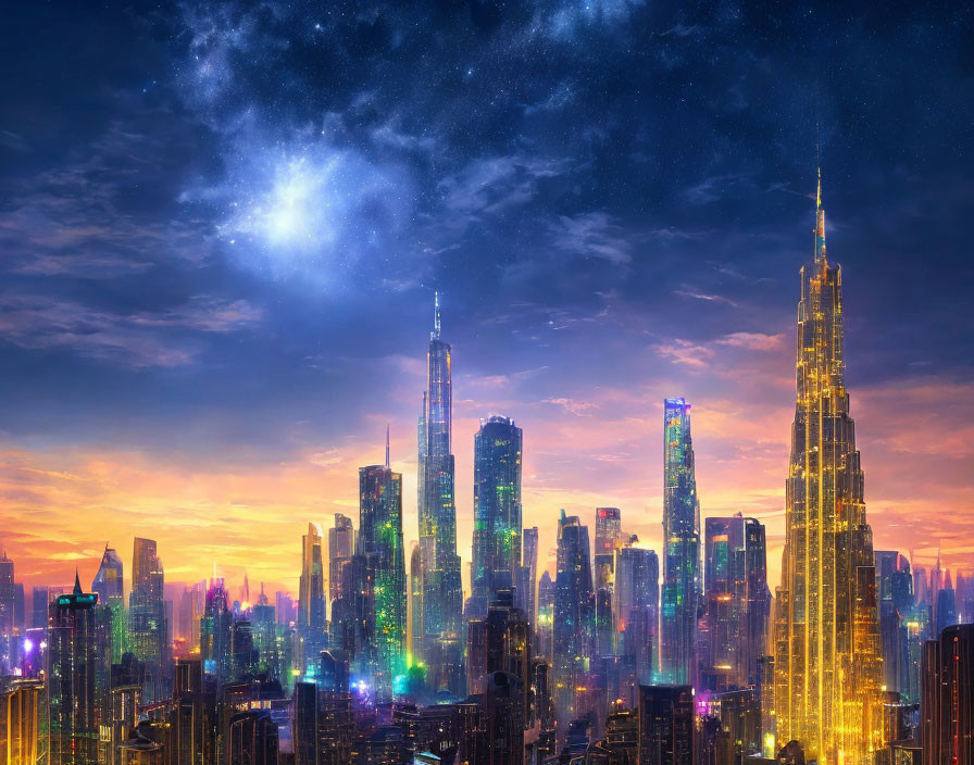 City skyline at dusk with illuminated skyscrapers and cosmic event.