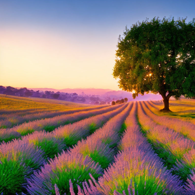 Vibrant sunset over lavender field with lone tree and rolling hills