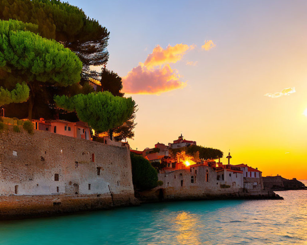 Vibrant sunset coastal scene with historical buildings and lush green trees