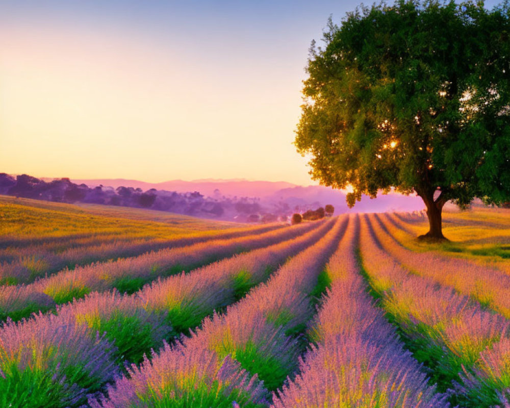 Vibrant sunset over lavender field with lone tree and rolling hills