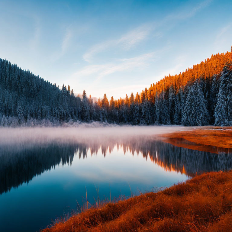 Snow-covered pine trees reflected in serene lake at sunrise with mist and clear blue sky