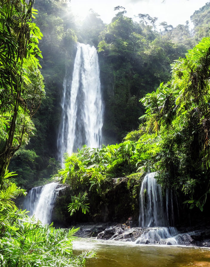 Tranquil waterfall in lush tropical forest