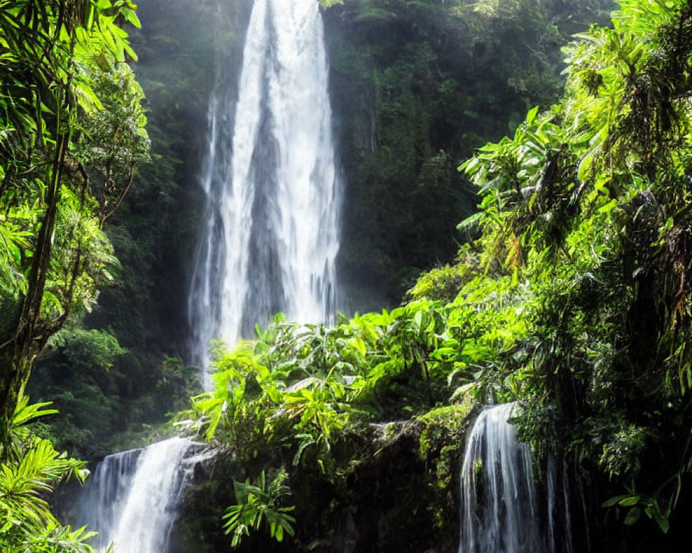 Tranquil waterfall in lush tropical forest