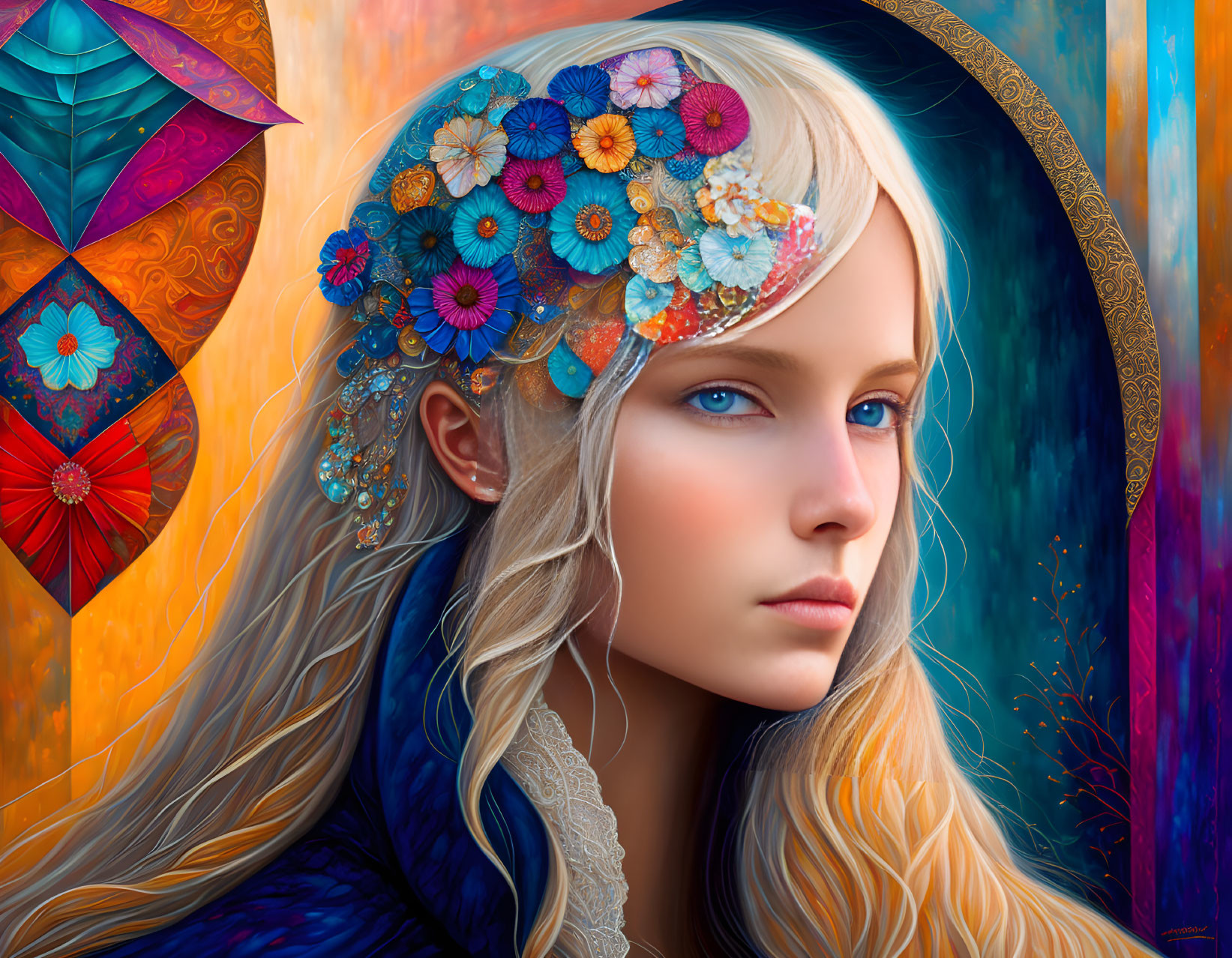 Digital portrait of woman with blue eyes and blonde hair in vibrant floral headpiece on colorful abstract background