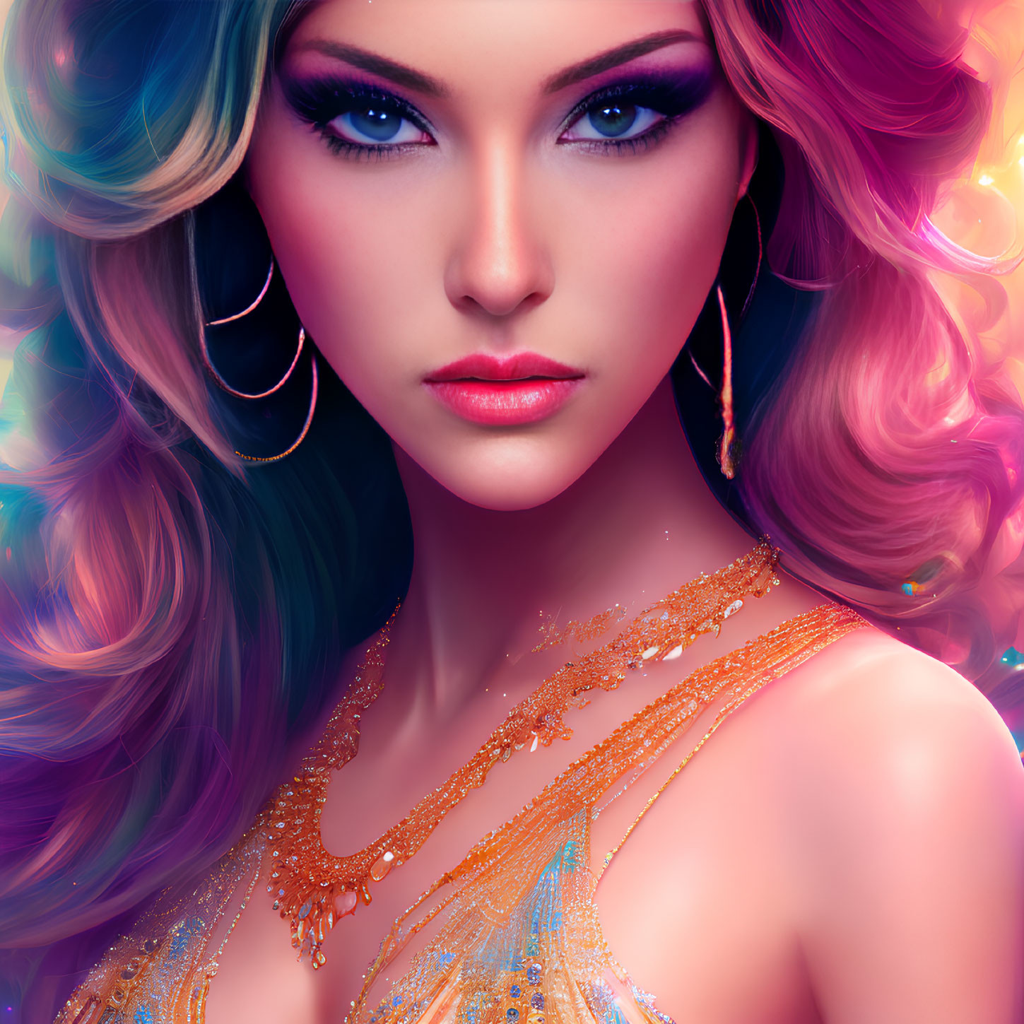 Digital artwork: Woman with purple eyes, golden earrings, shimmering attire, colorful backdrop