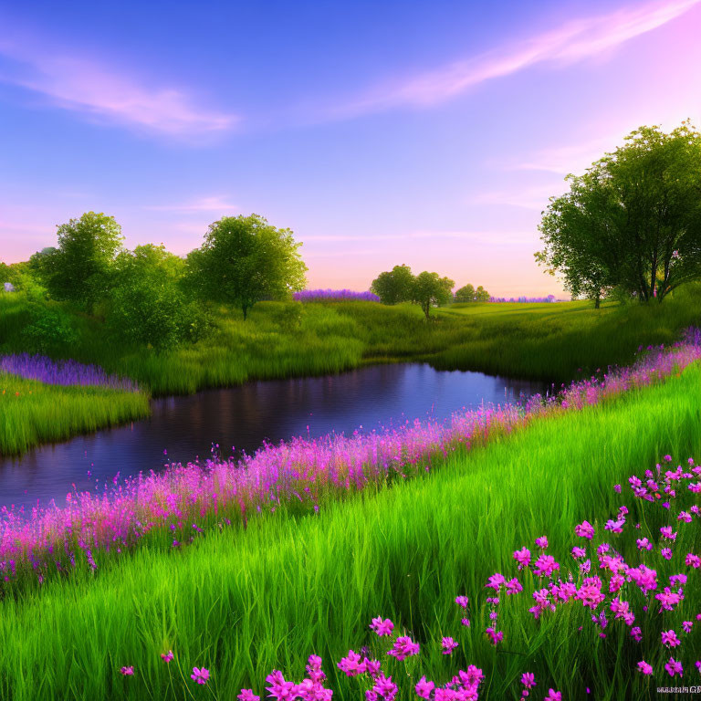Tranquil landscape with stream, green grass, pink wildflowers, and clear dusk sky