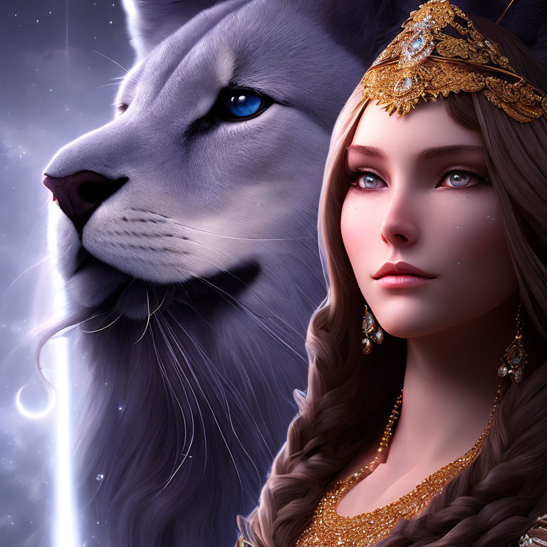 Mystical illustration of a woman with braided hair and majestic white lion adorned in gold.
