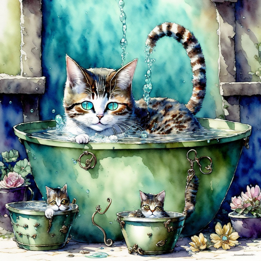 Whimsical watercolor illustration of three playful cats in antique bathtub
