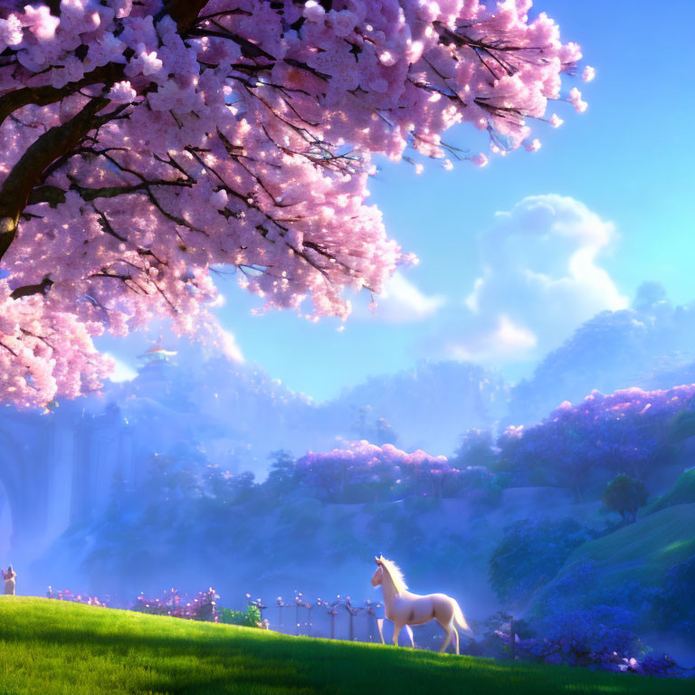Serene unicorn under cherry blossoms in lush valley